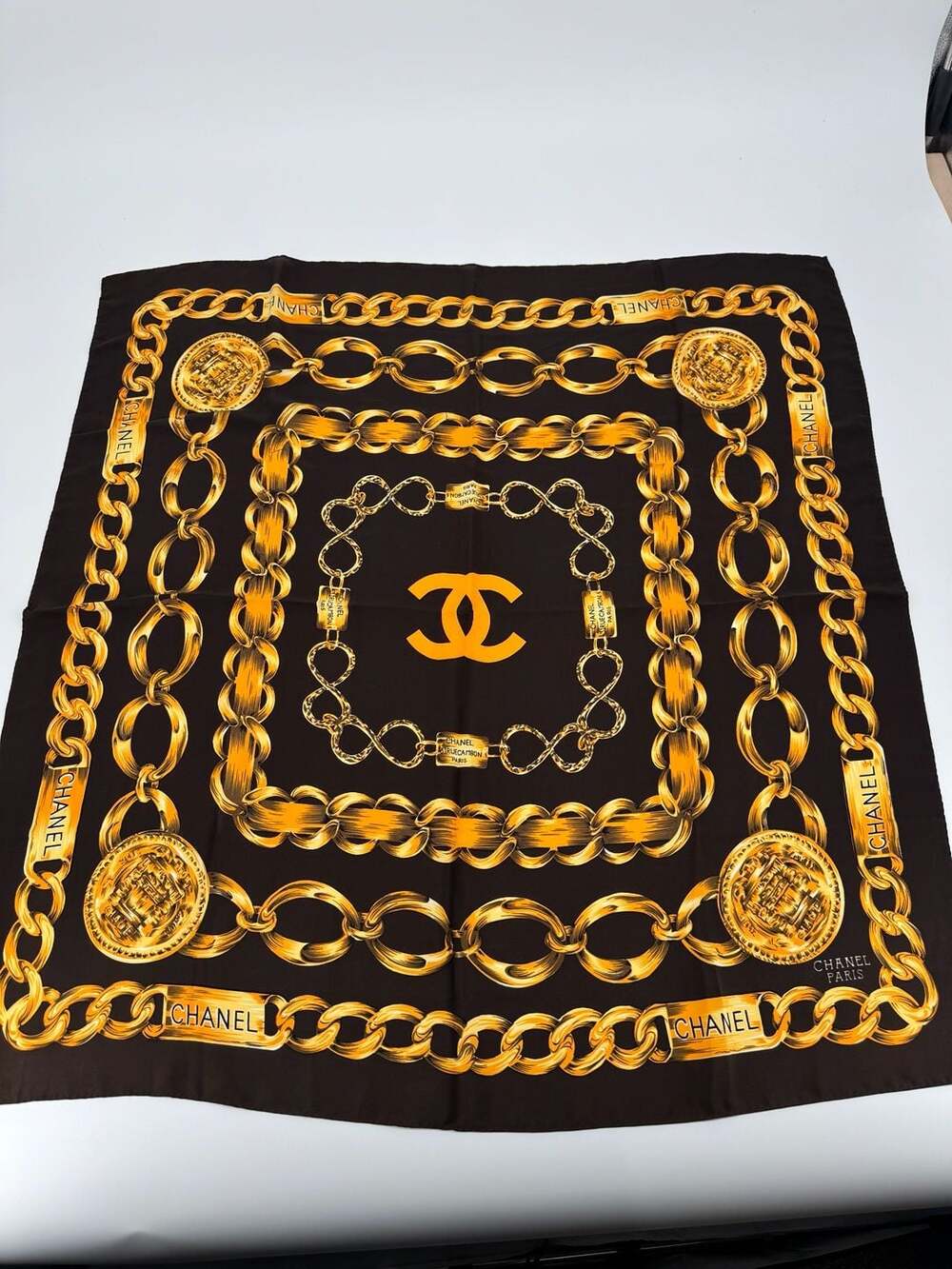 Chanel Vintage Black and Gold Chain Link Silk Scarf